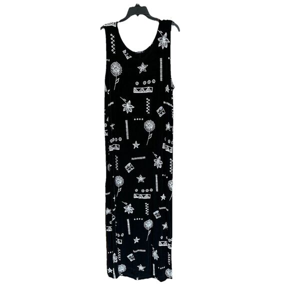 Vikki Vi Maxi Tank Dress OX - 1X Sleeveless Stretchy Slinky Black Floral Artsy - Picture 1 of 5